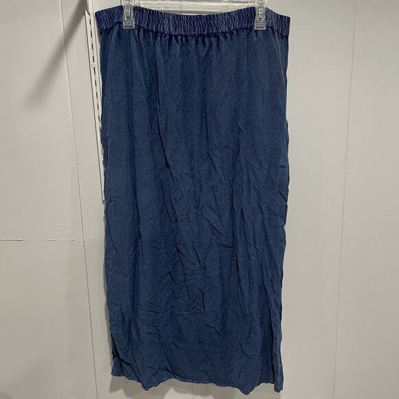 Retro MPH Collection Embroidered Midi Skirt Size Large Blue Button Front Slit - Picture 3 of 6